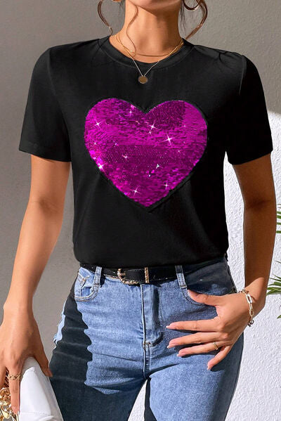 Heart Sequin Round Neck Short Sleeve T-Shirt Women's T-Shirts - Tophatter Daily Deals