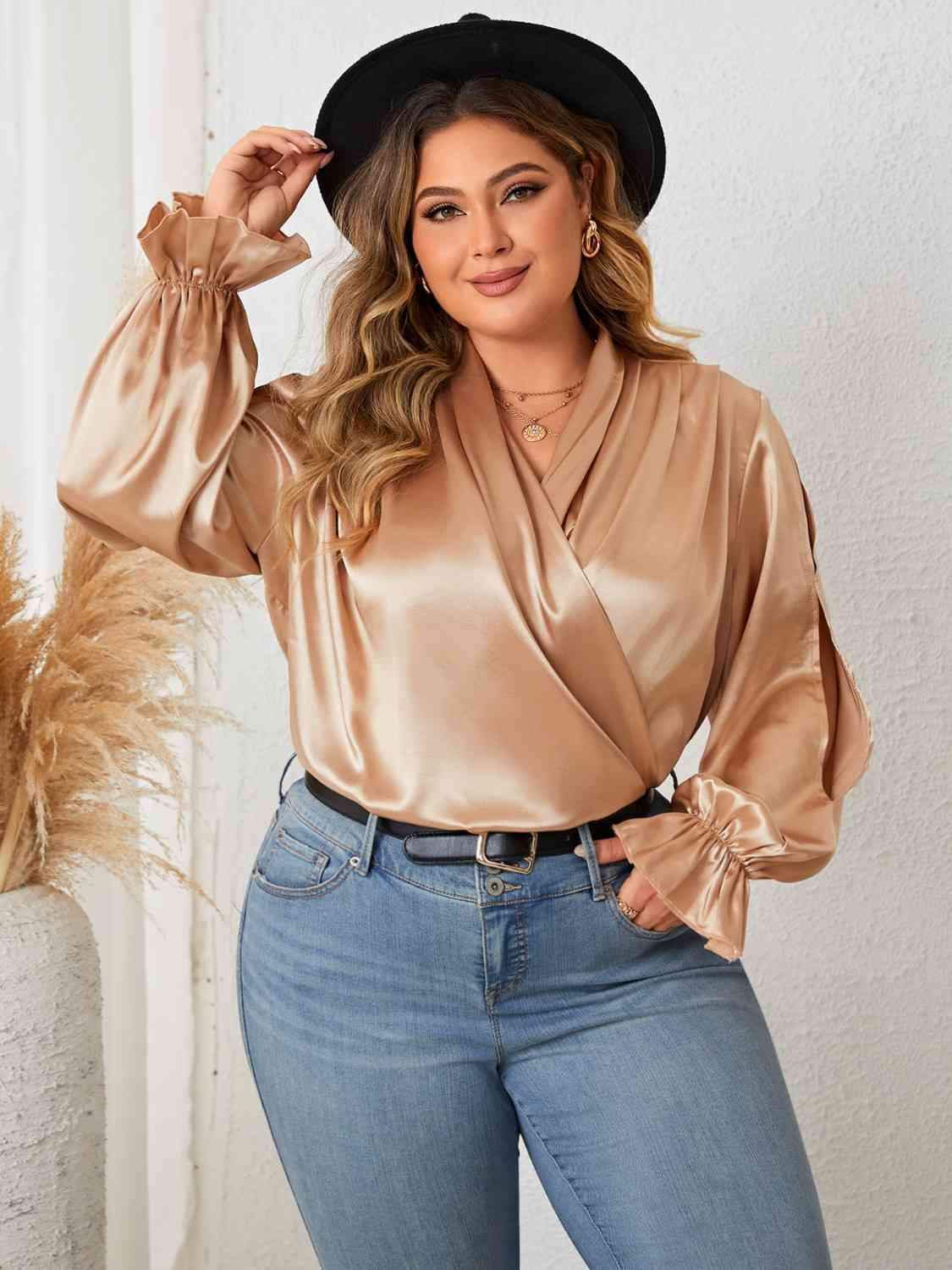 Plus Size Surplice Neck Flounce Sleeve Blouse Blouses - Tophatter Daily Deals