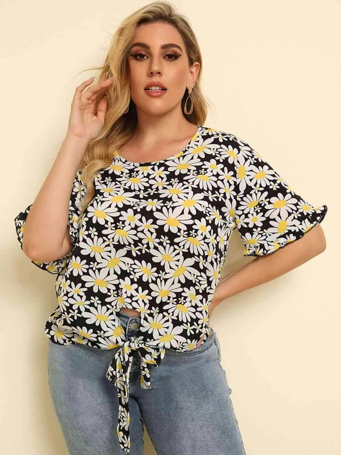 Plus Size Floral Round Neck Tie Hem Blouse Floral Blouses - Tophatter Daily Deals