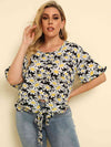 Plus Size Floral Round Neck Tie Hem Blouse - Tophatter Deals