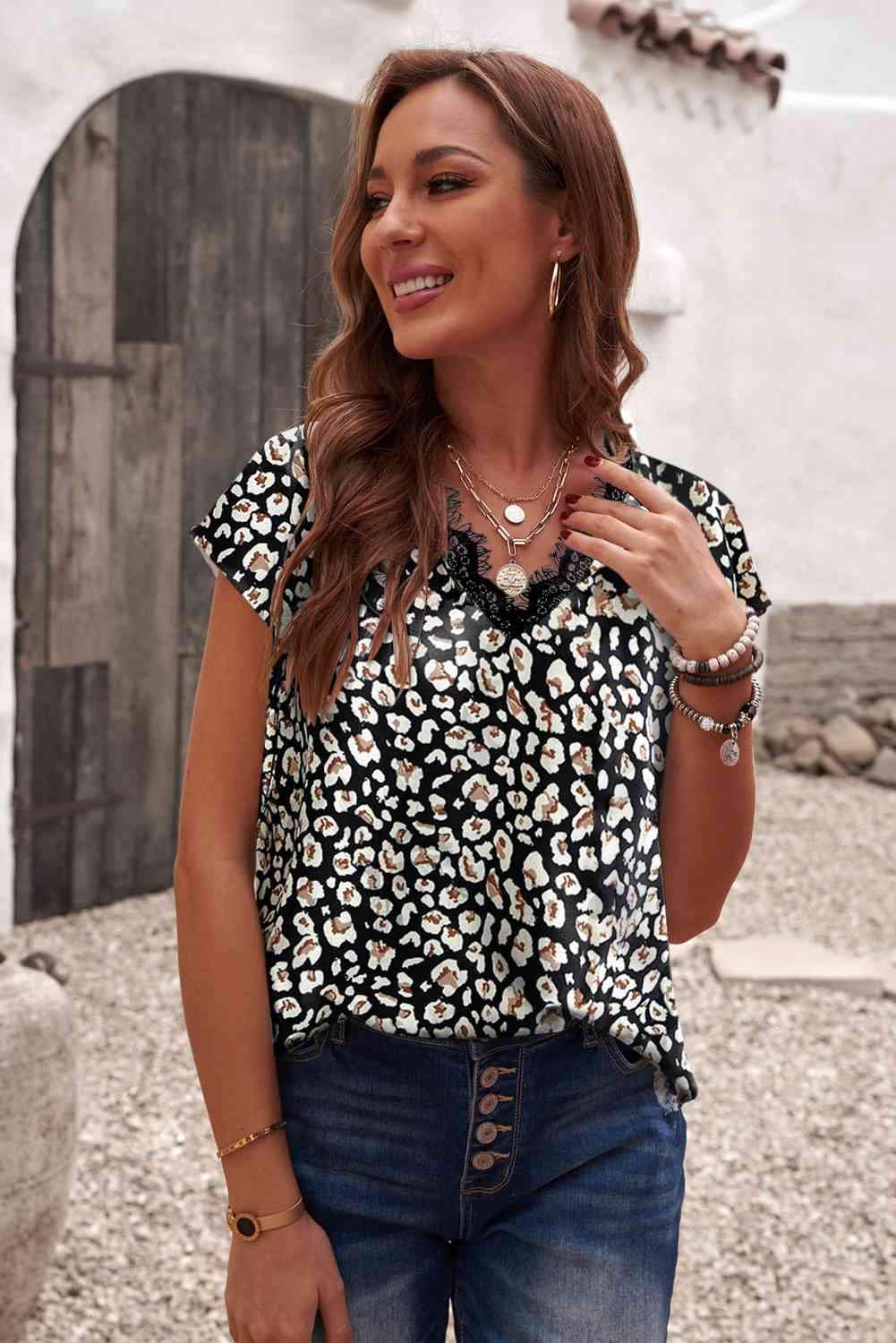 Printed Lace Trim V-Neck Short Sleeve Top Black Blouses - Tophatter Daily Deals