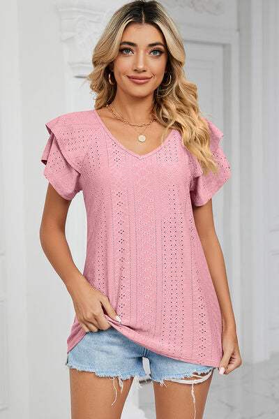 Eyelet V-Neck Short Sleeve T-Shirt Blush Pink Women's T-Shirts - Tophatter Daily Deals