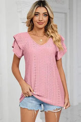Eyelet V-Neck Short Sleeve T-Shirt Blush Pink Women's T-Shirts - Tophatter Daily Deals
