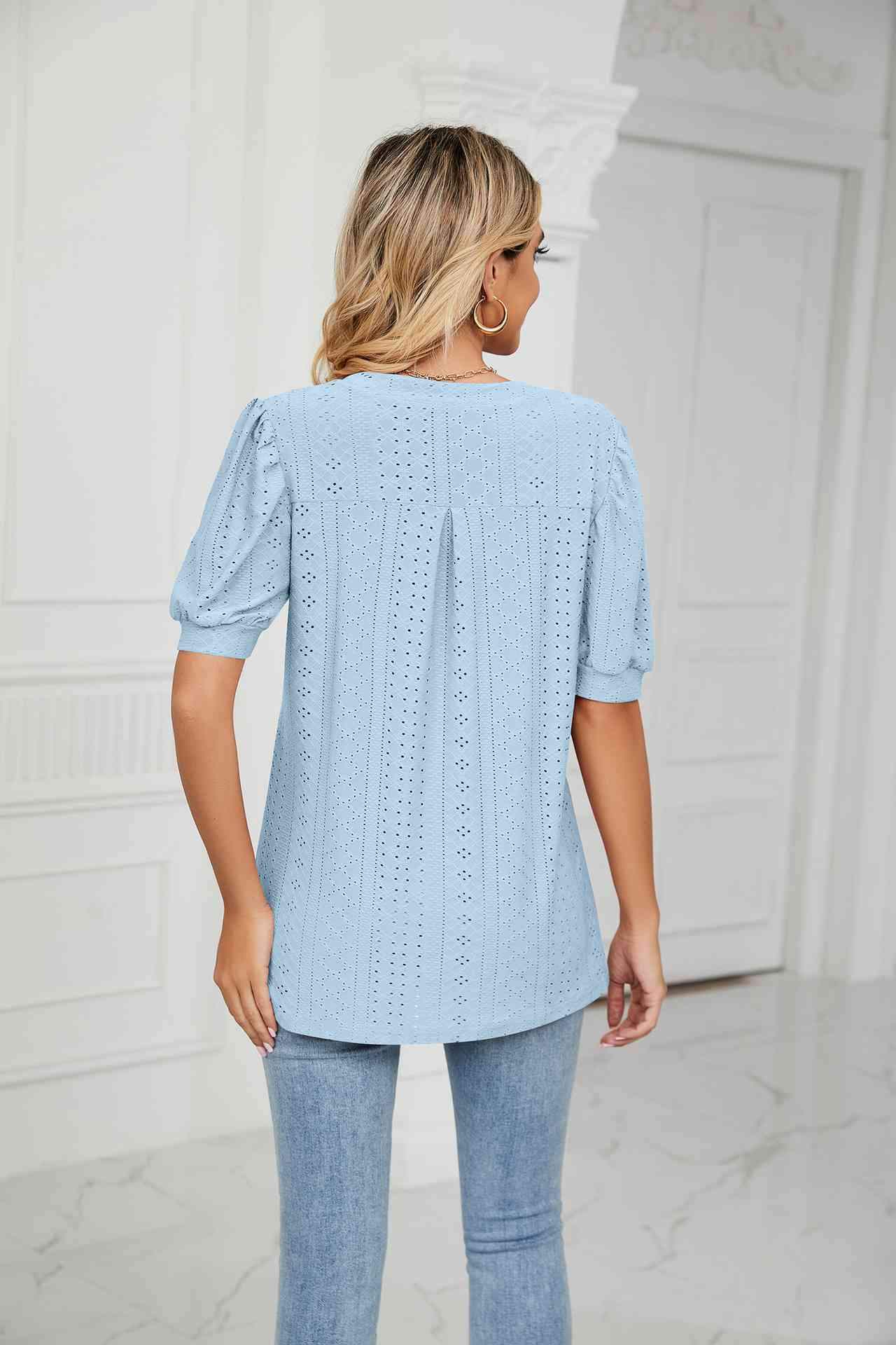 Eyelet Short Puff Sleeve Notched Neck Top Blouses - Tophatter Daily Deals