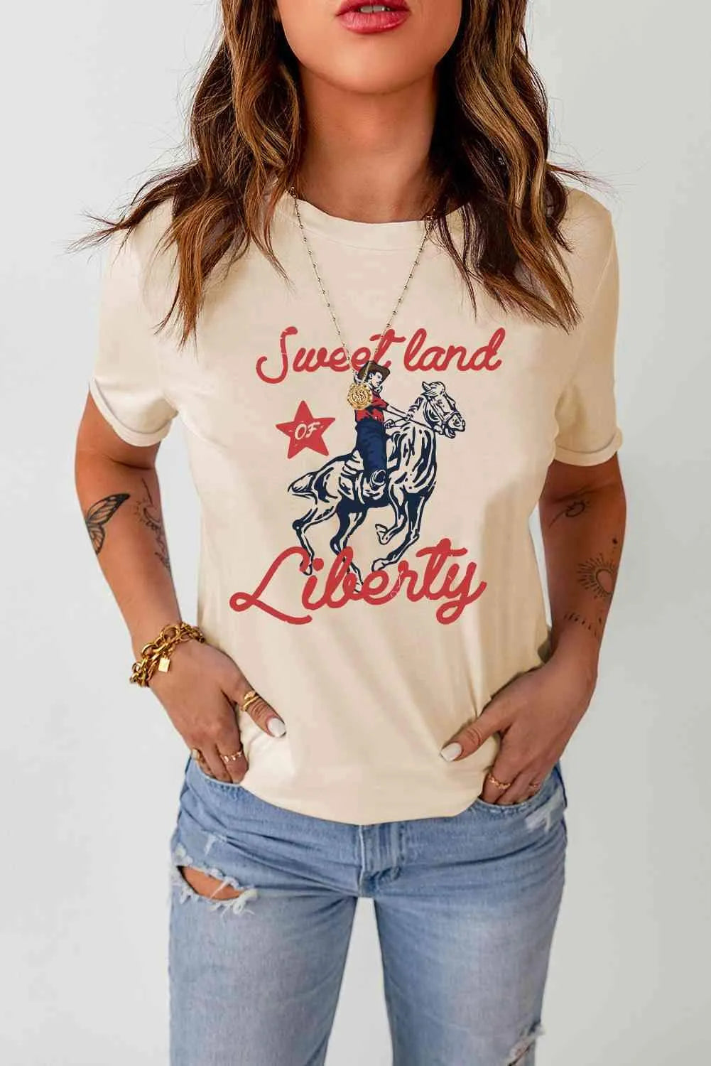 SWEET LAND OF LIBERTY Graphic Short Sleeve Tee Light Apricot Women's T-Shirts - Tophatter Daily Deals