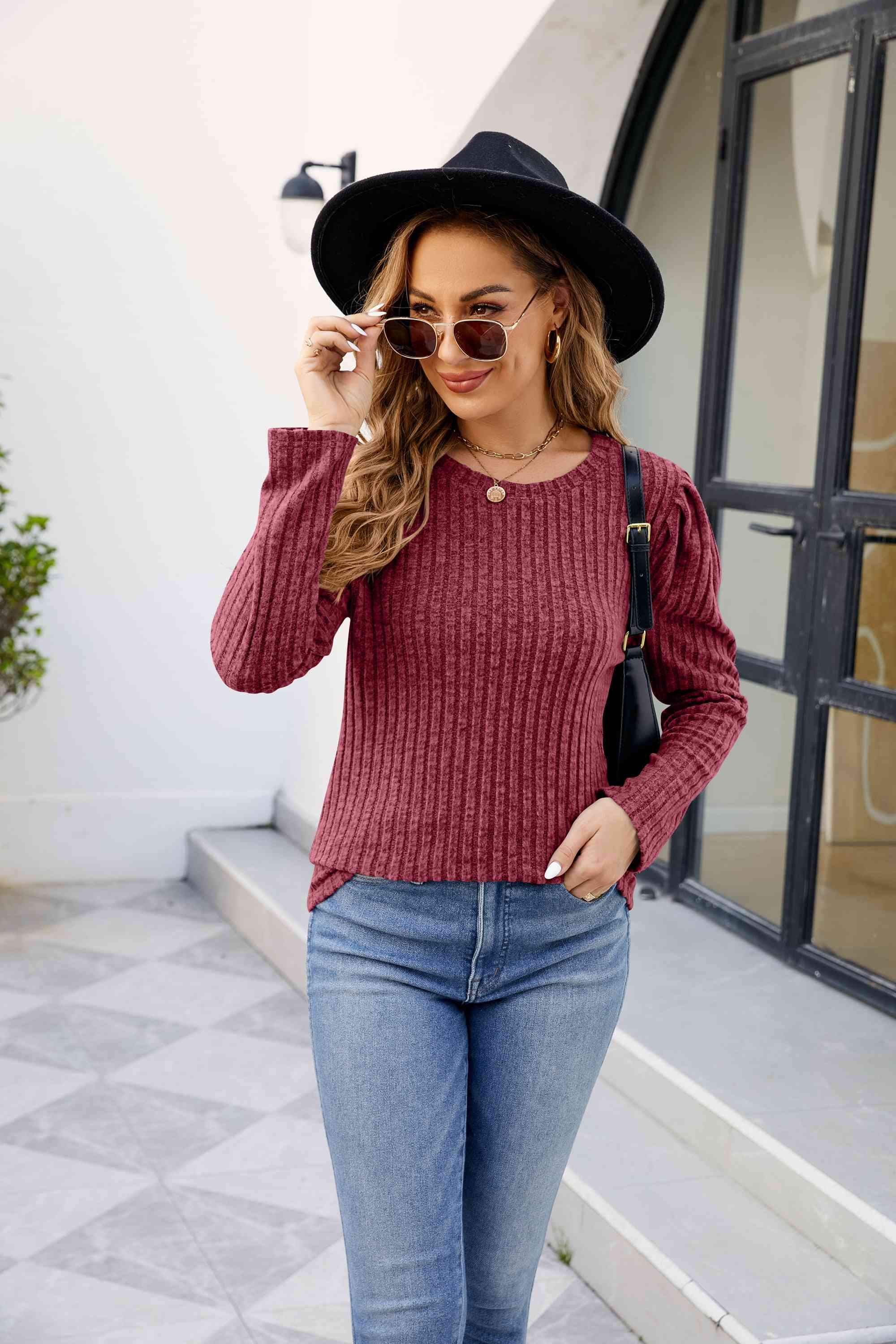 Round Neck Long Sleeve Ribbed Blouse Cerise Blouses - Tophatter Daily Deals