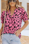 Leopard Notched Neck Short Flounce Sleeve Blouse Blouses - Tophatter Daily Deals