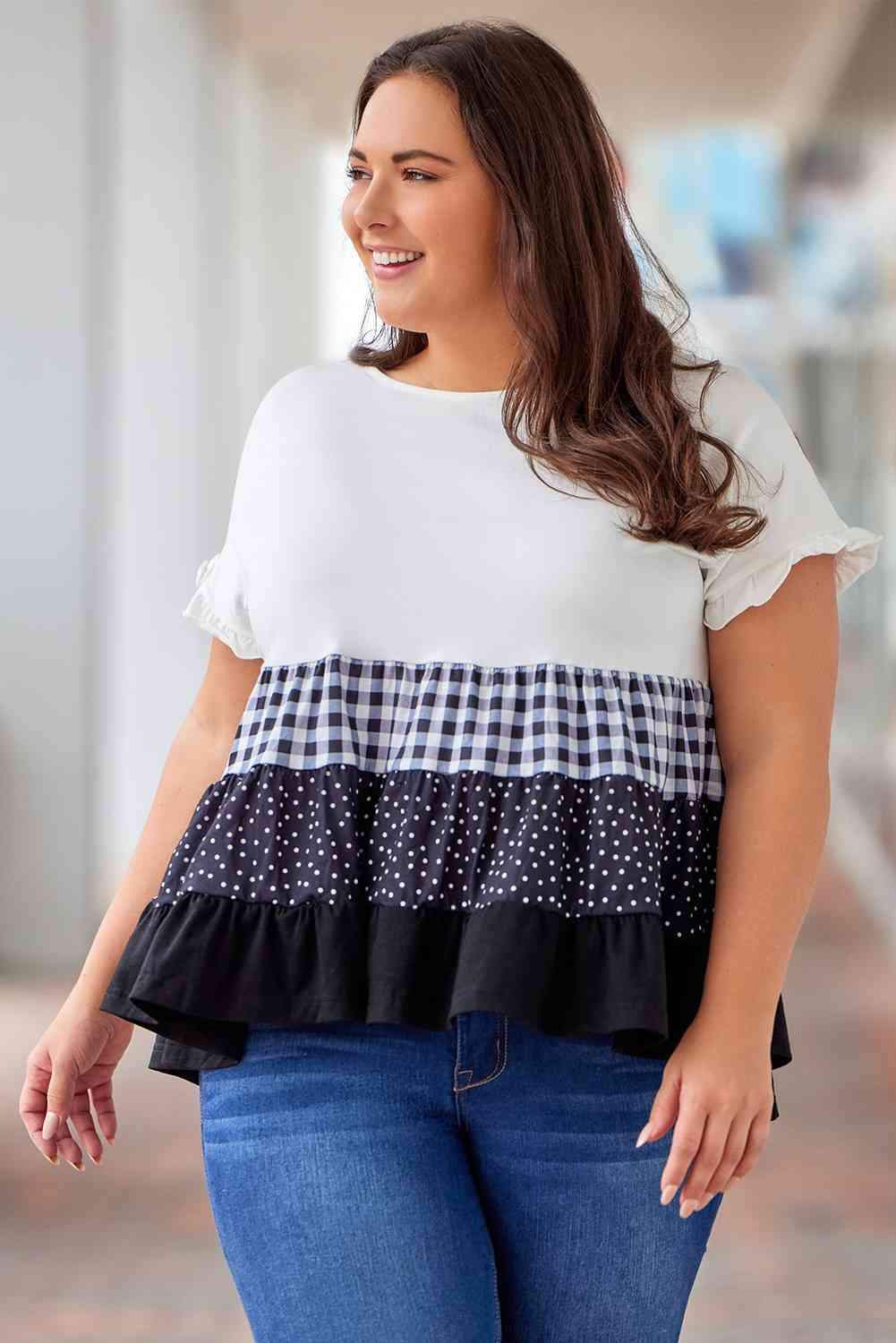 Plus Size Plaid Color Block Tiered Blouse Blouses - Tophatter Daily Deals