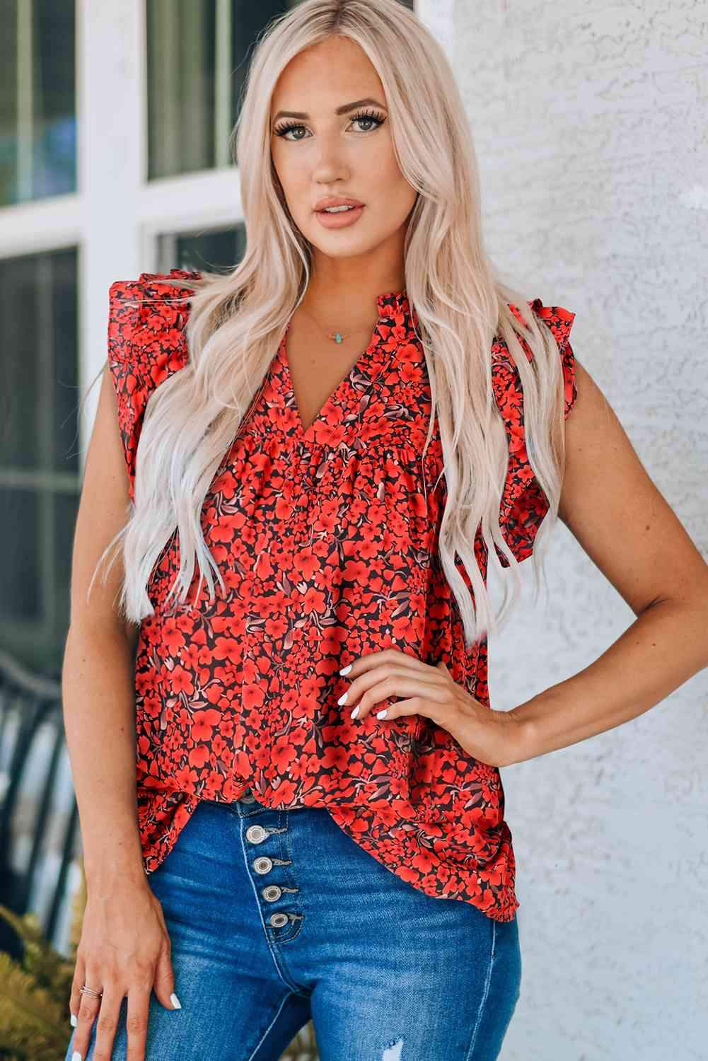 Floral Flutter Sleeve Notched Neck Blouse Red Blouses - Tophatter Daily Deals