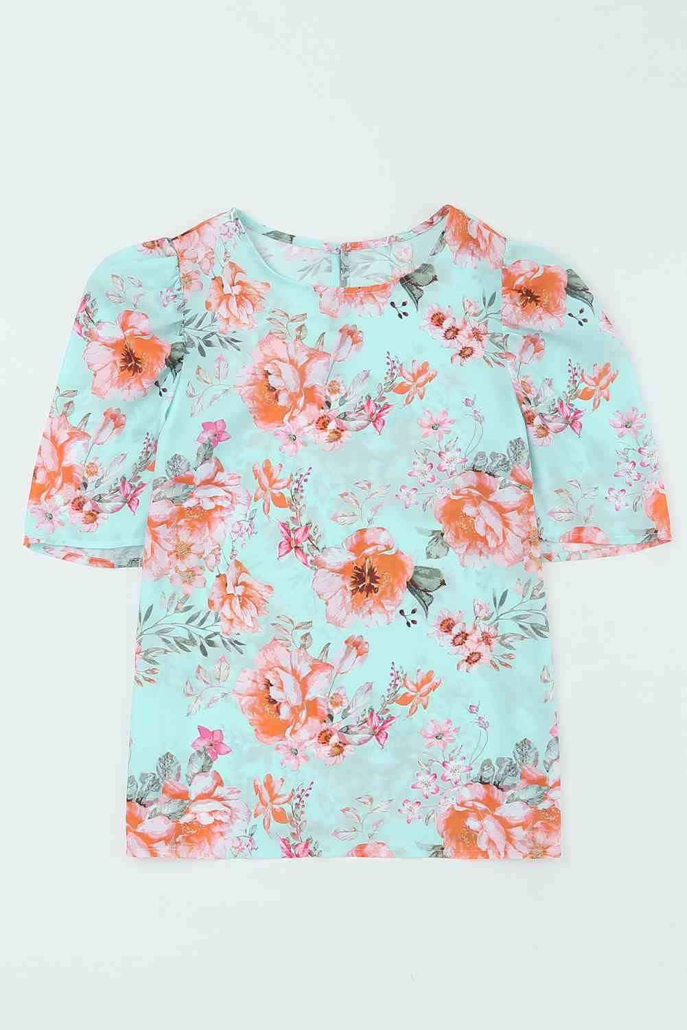 Summer Lover Floral Puff Sleeve Round Neck Blouse Blouses - Tophatter Daily Deals