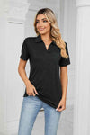 Curved Hem Johnny Collar Polo Shirt Black Blouses - Tophatter Daily Deals