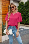 Pleated Flutter Sleeve Round Neck Blouse Deep Rose Blouses - Tophatter Daily Deals