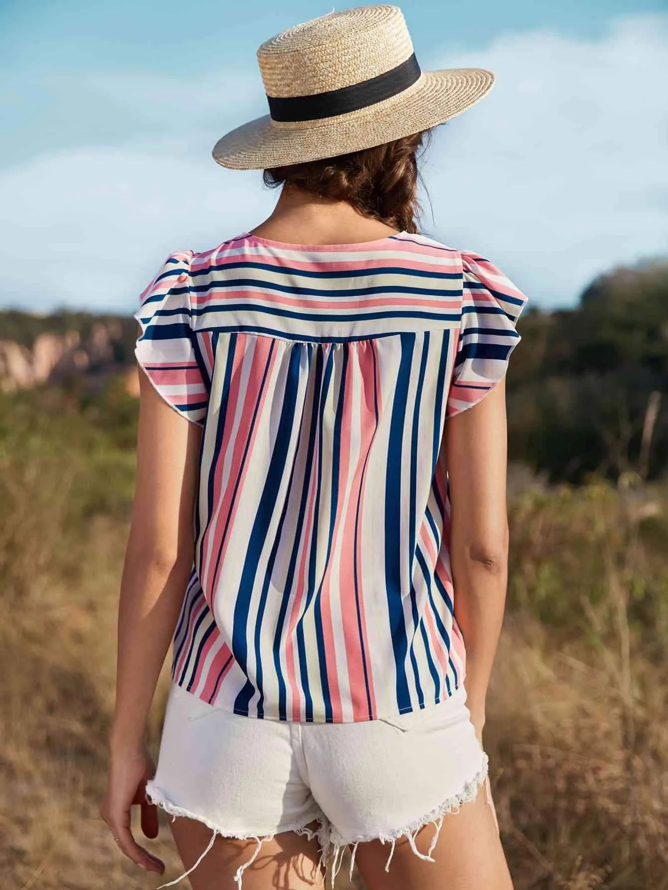 Striped Flutter Sleeve Tied Blouse Blouses - Tophatter Daily Deals