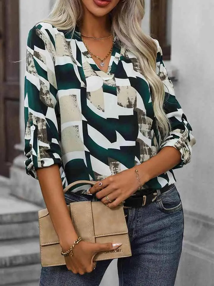 Johnny Collar Printed Long Sleeve Blouse Blouses - Tophatter Daily Deals