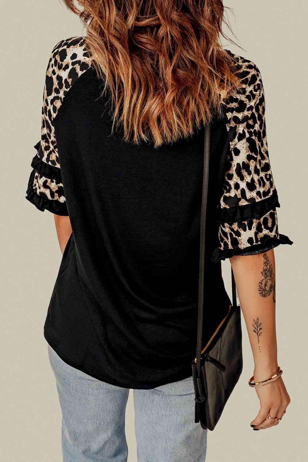 Easter Leopard Frill Trim Half-Sleeve Top Blouses - Tophatter Daily Deals