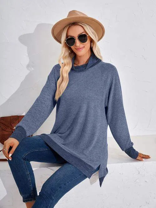Contrast Mock Neck Long Sleeve T-Shirt Women's T-Shirts - Tophatter Daily Deals