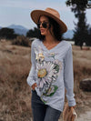 Floral Print Twisted V-Neck Long Sleeve Tee Women's T-Shirts - Tophatter Daily Deals