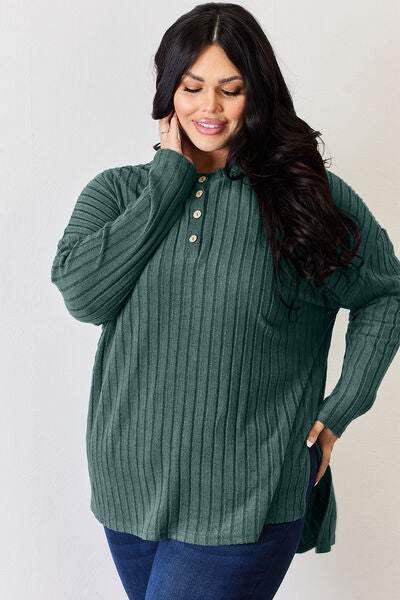 Basic Bae Full Size Ribbed Half Button Long Sleeve High-Low T-Shirt Women's T-Shirts - Tophatter Daily Deals