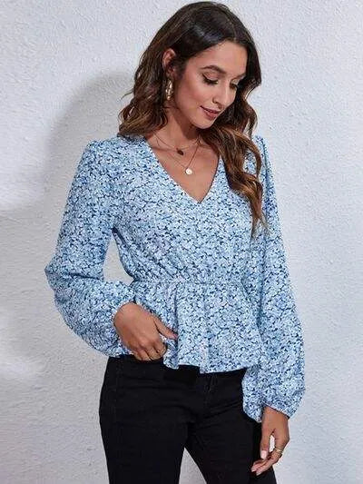 Floral V-Neck Balloon Sleeve Peplum Blouse Blouses - Tophatter Daily Deals