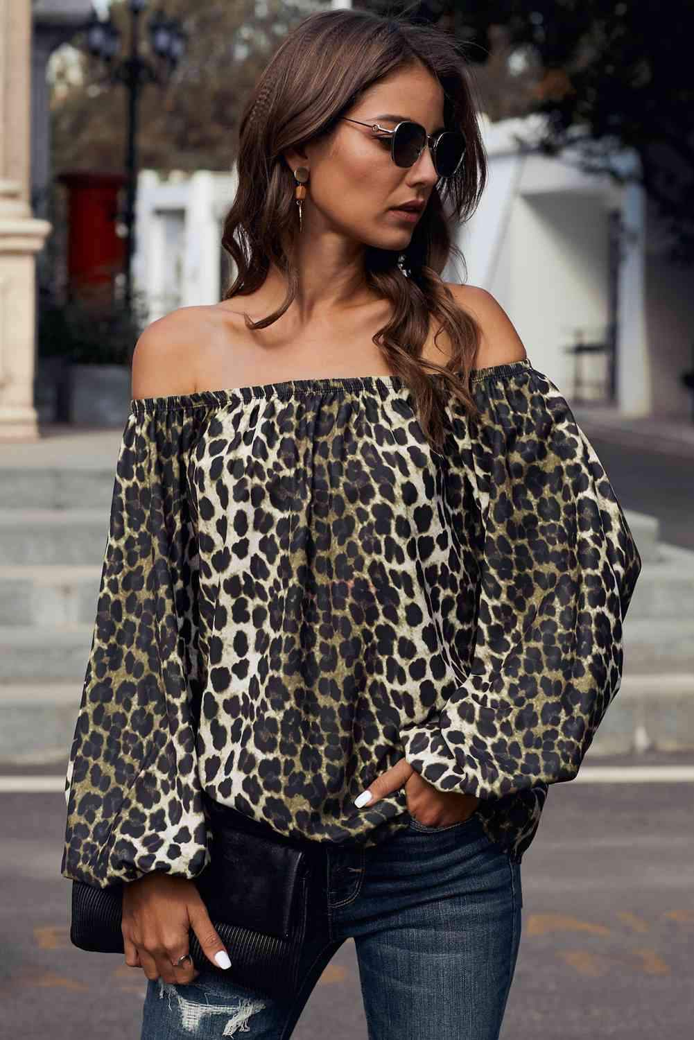 Off-Shoulder Balloon Sleeve Top Leopard Blouses - Tophatter Daily Deals