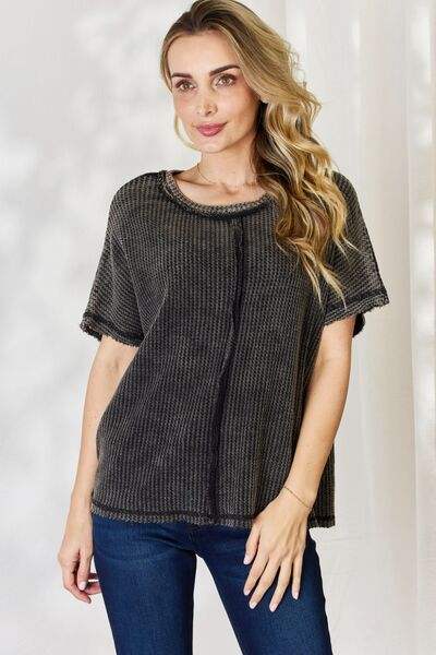 Zenana Oversized Baby Waffle Short Sleeve Top Ash Black Blouses - Tophatter Daily Deals