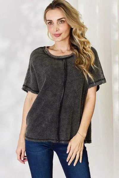 Zenana Oversized Baby Waffle Short Sleeve Top Ash Black Blouses - Tophatter Daily Deals