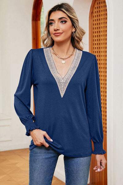 Lace Detail V-Neck Lantern Sleeve T-Shirt Women's T-Shirts - Tophatter Daily Deals