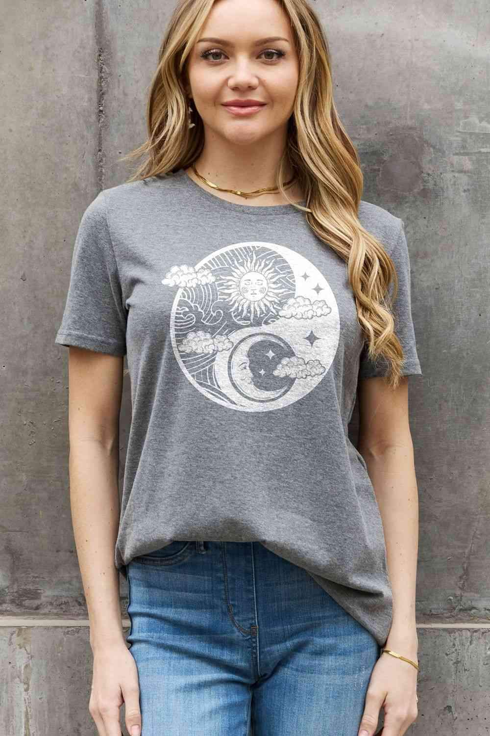 Simply Love Simply Love Full Size Sun and Moon Graphic Cotton Tee Charcoal Women's T-Shirts - Tophatter Daily Deals