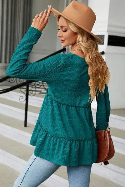 Frill V-Neck Long Sleeve T-Shirt Women's T-Shirts - Tophatter Daily Deals