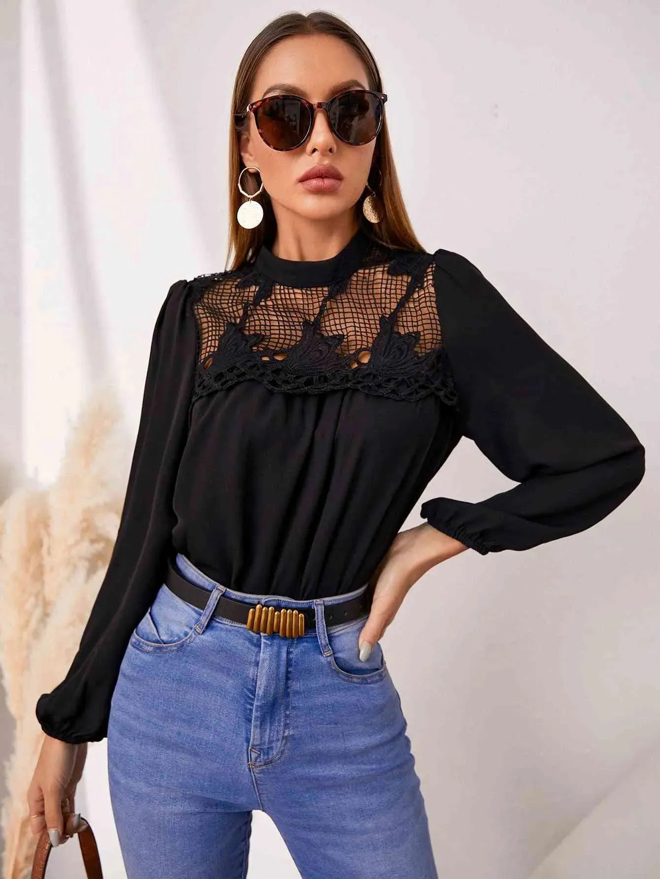 Openwork Round Neck Puff Sleeve Blouse Black Blouses - Tophatter Daily Deals