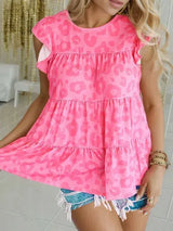 Ruffled Leopard Round Neck Tiered T-Shirt Women's T-Shirts - Tophatter Daily Deals