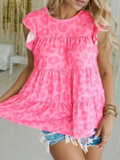 Ruffled Leopard Round Neck Tiered T-Shirt Women's T-Shirts - Tophatter Daily Deals