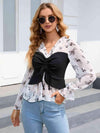 Floral Frill Trim Flounce Sleeve Drawstring Blouse Black White Blouses - Tophatter Daily Deals