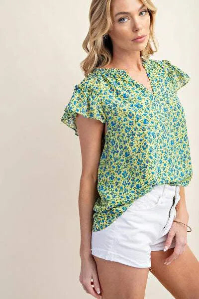 Kori America Floral Notched Ruffled Cap Sleeve Blouse Blouses - Tophatter Daily Deals