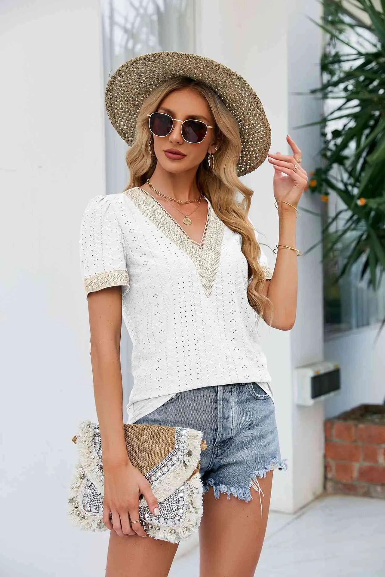 Contrast V-Neck Puff Sleeve Top White Blouses - Tophatter Daily Deals