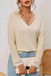 Spliced Lace V-Neck Ribbed Top Ivory Women's T-Shirts - Tophatter Daily Deals