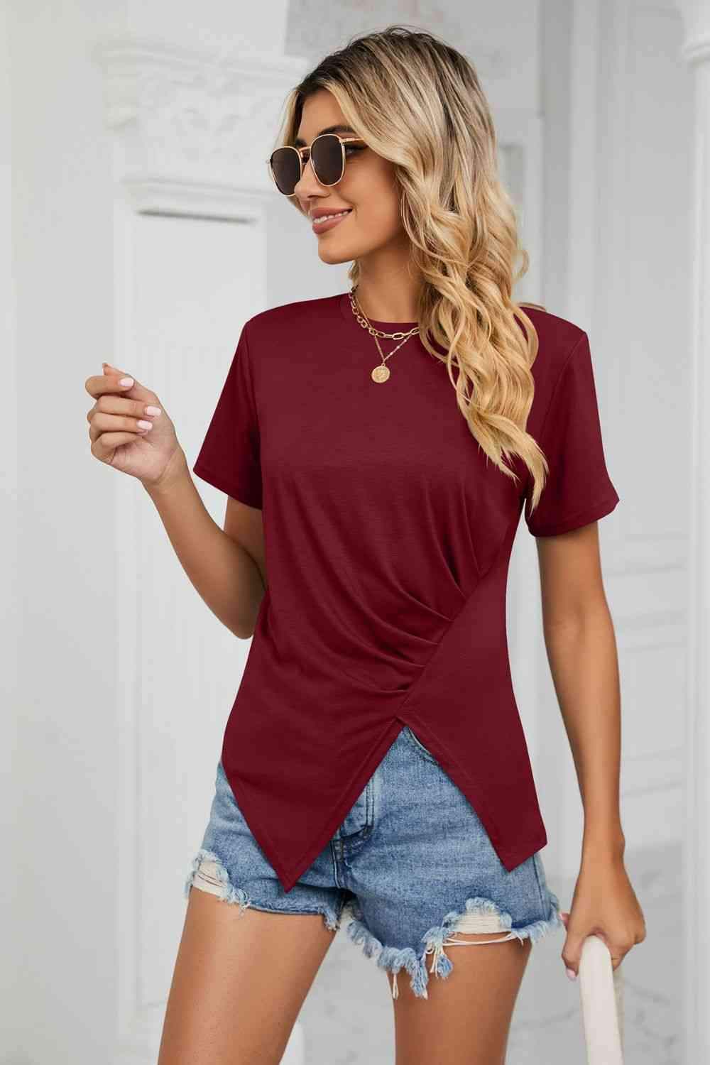 Ruched Hem Detail Crewneck T-Shirt Women's T-Shirts - Tophatter Daily Deals