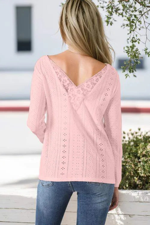 V-Neck Lace Detail Long Sleeve Blouse Blouses - Tophatter Daily Deals