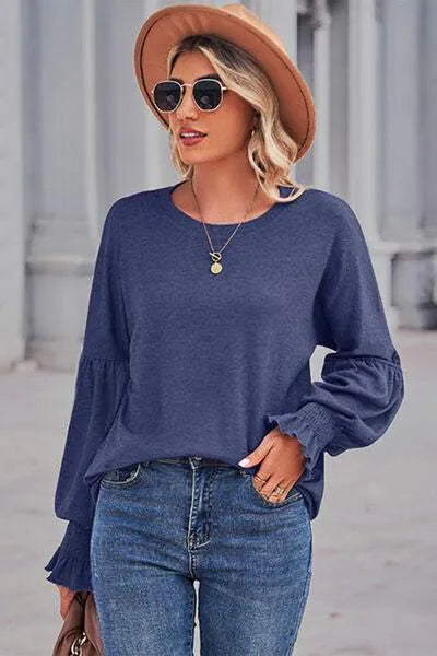 Round Neck Flounce Sleeve Blouse Blouses - Tophatter Daily Deals
