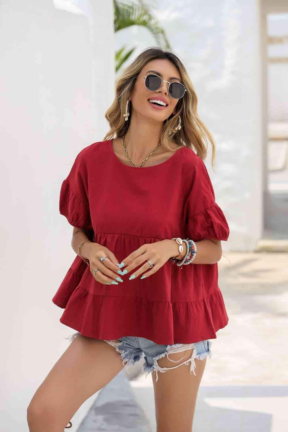 Round Neck Ruched Short Sleeve Blouse Deep Red Blouses - Tophatter Daily Deals