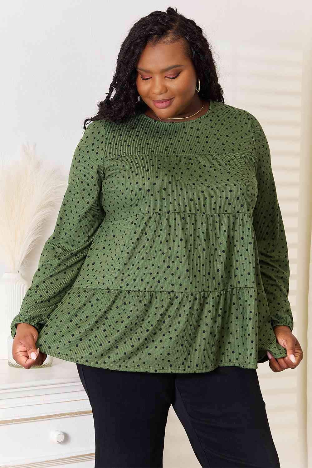 Heimish Full Size Long Puff Sleeve Polka Tiered Top Green Blouses - Tophatter Daily Deals