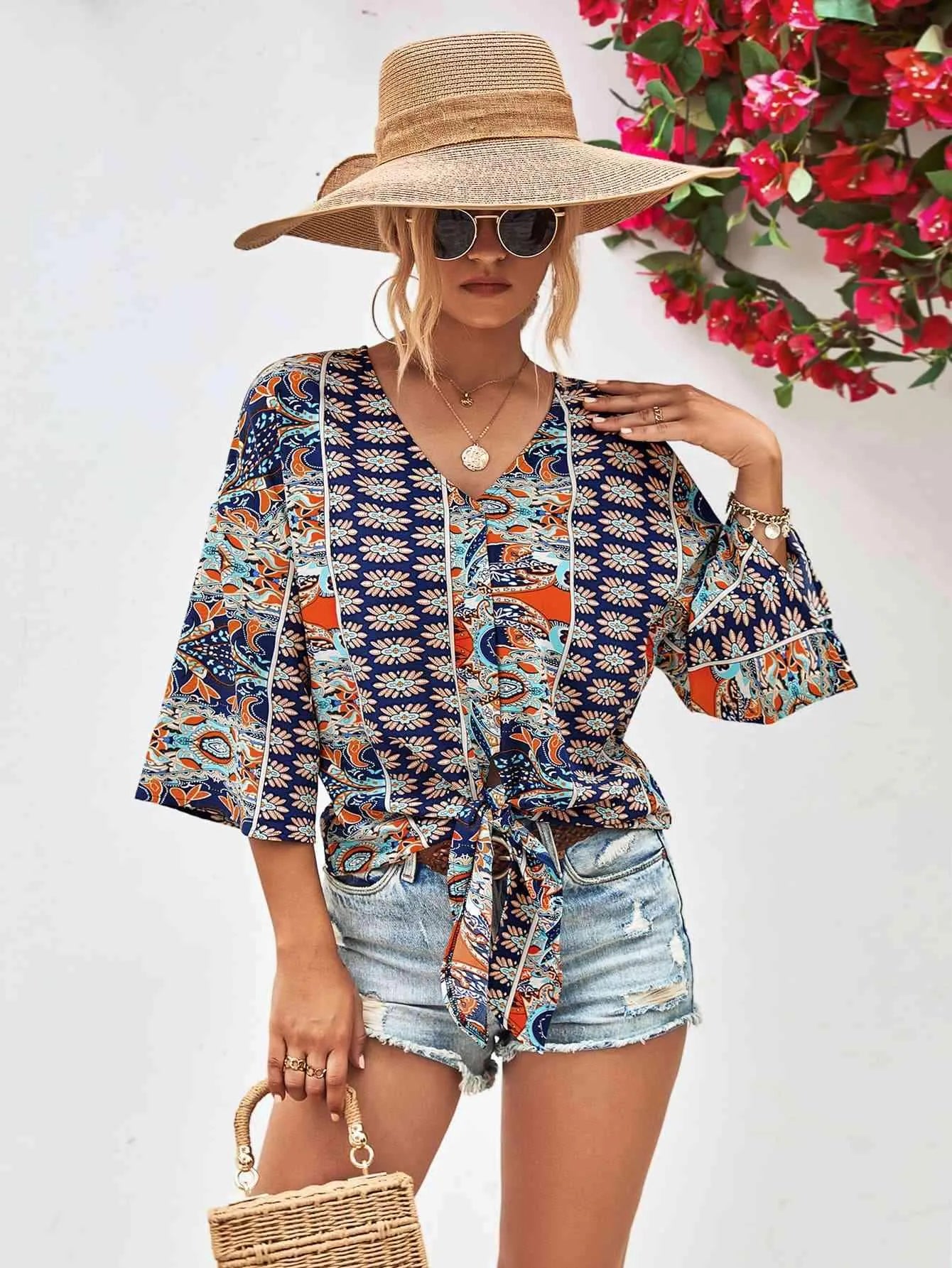 Tie Hem V-Neck Three-Quarter Sleeve Blouse Navy Blouses - Tophatter Daily Deals