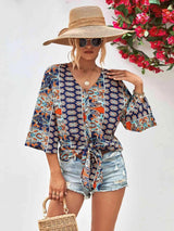 Tie Hem V-Neck Three-Quarter Sleeve Blouse Navy Blouses - Tophatter Daily Deals