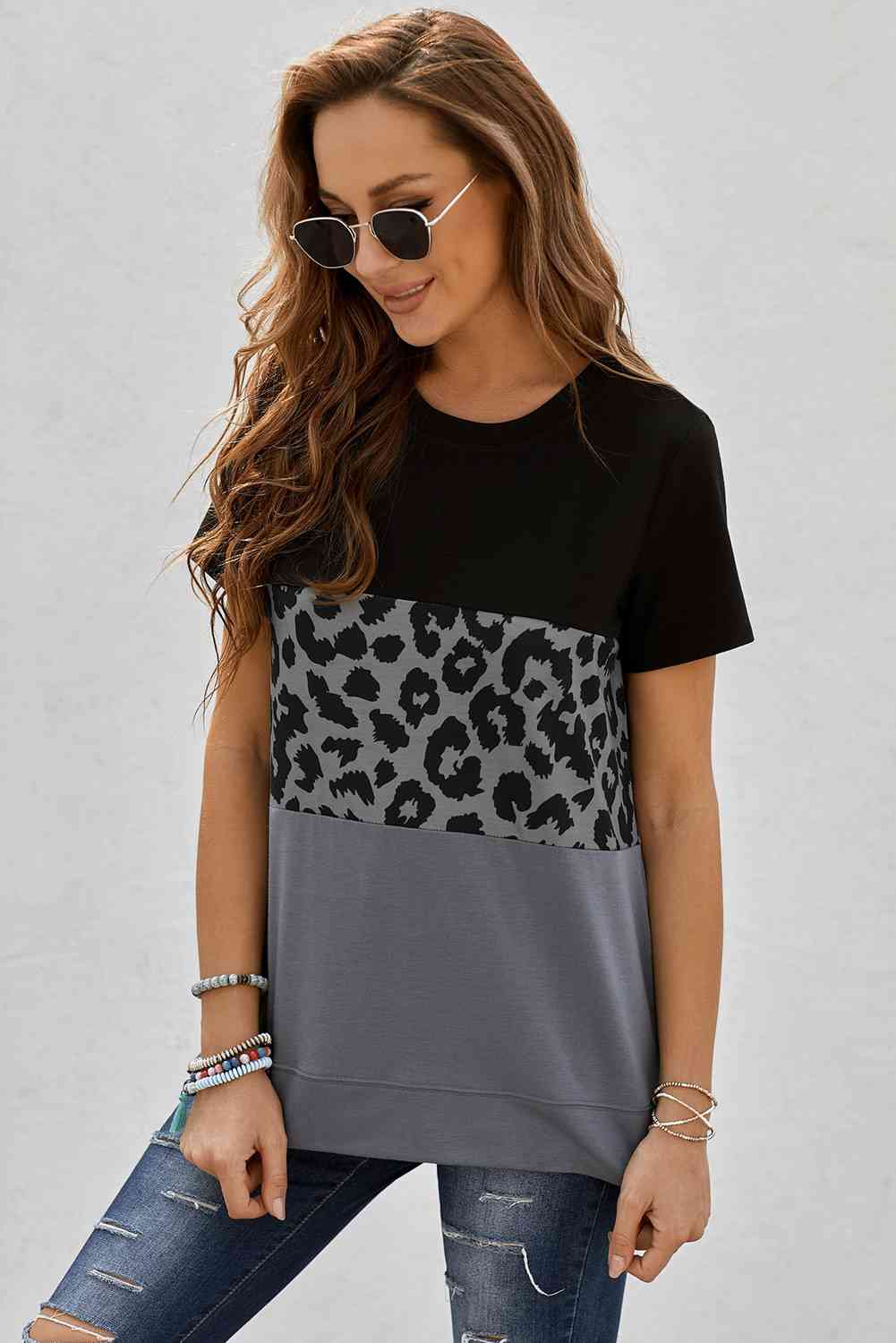 Leopard Print Color Block Short Sleeve T-Shirt Women's T-Shirts - Tophatter Daily Deals