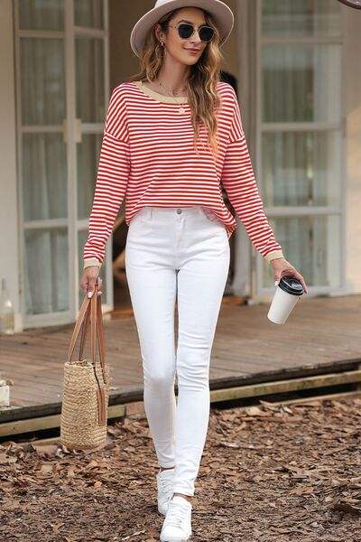 Striped Round Neck Drop Shoulder T-Shirt Blouses - Tophatter Daily Deals