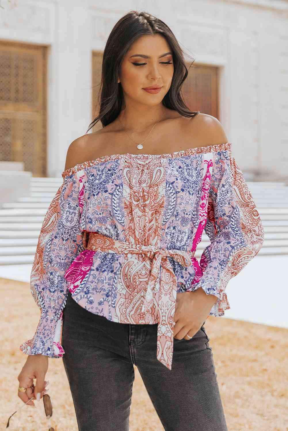 Printed Off-Shoulder Flounce Sleeve Belted Blouse Floral Blouses - Tophatter Daily Deals