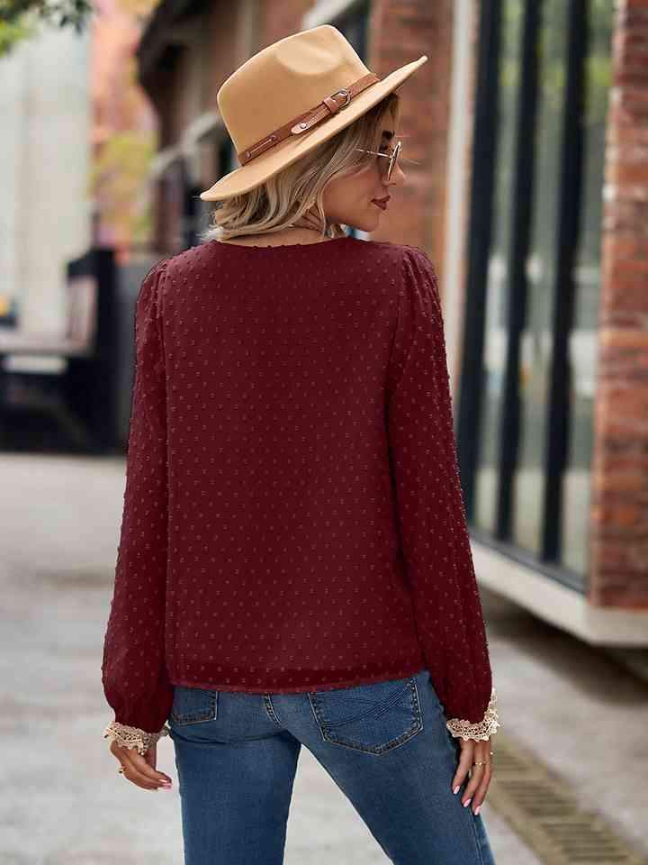 Swiss Dot V-Neck Long Sleeve Blouse Blouses - Tophatter Daily Deals