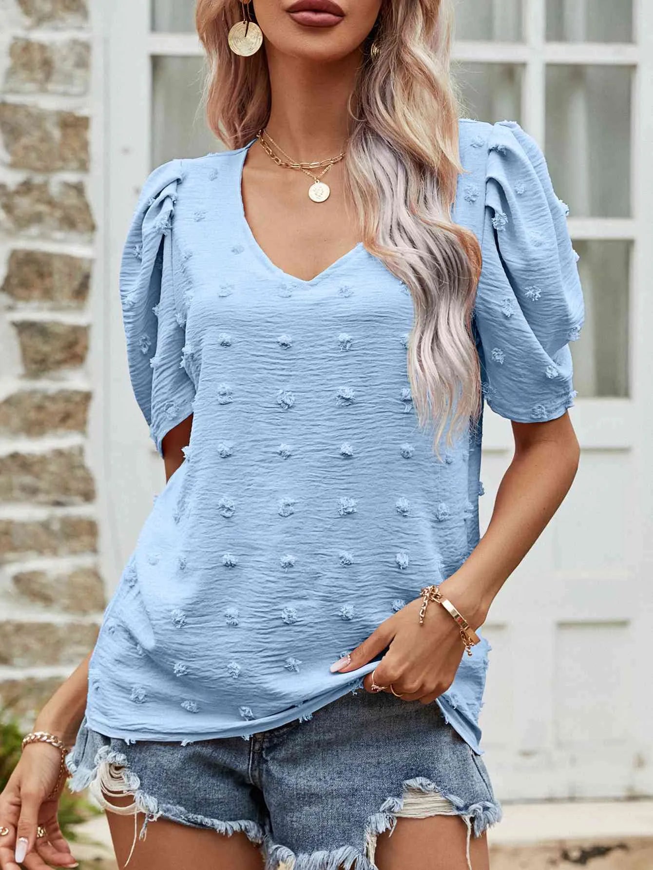 Swiss Dot Short Puff Sleeve Top Blue Blouses - Tophatter Daily Deals