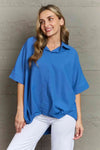 Plus Size Collared Half Sleeve Hem Detail Top Cobalt Blue Blouses - Tophatter Daily Deals