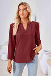 V-Neck Roll-Tap Sleeve Blouse Wine Blouses - Tophatter Daily Deals